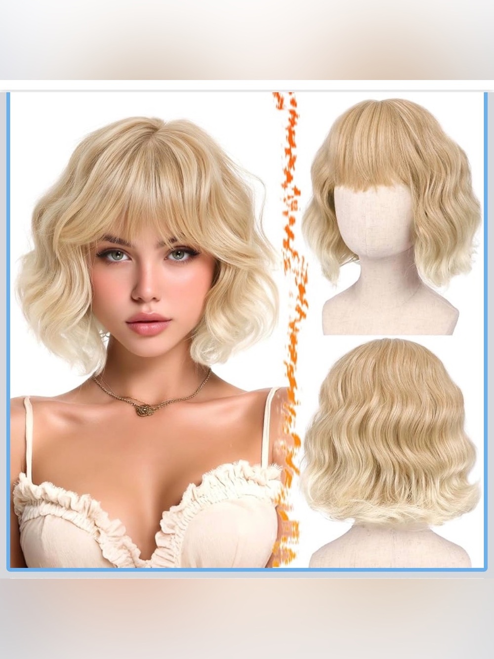 BARSDAR Short Wavy Honey Blonde Wig w/Bangs,Synthetic Curly French Bob Wigs